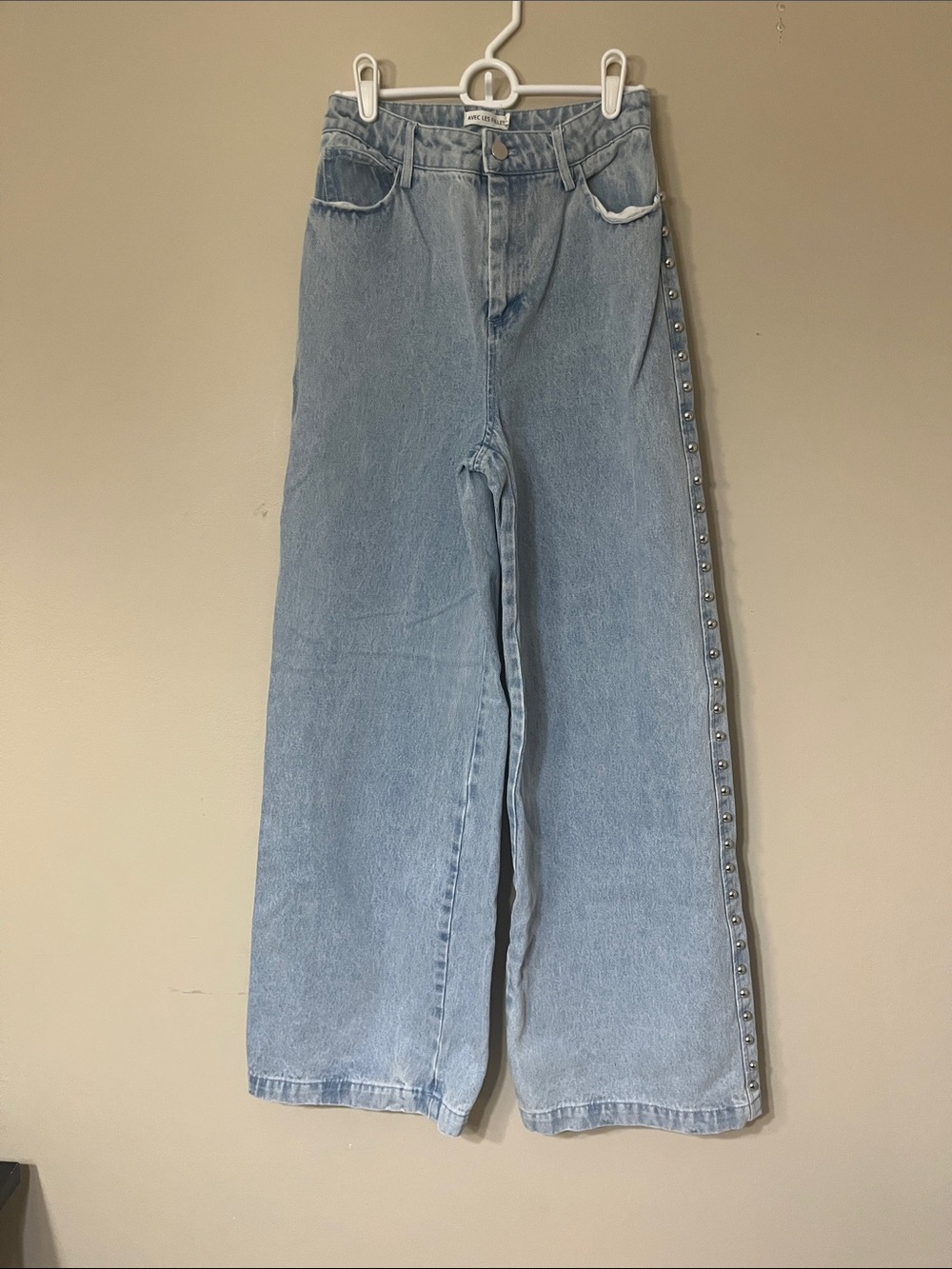 Avec Les Filles Light Blue Wide Leg Jeans with Side Stud Detail